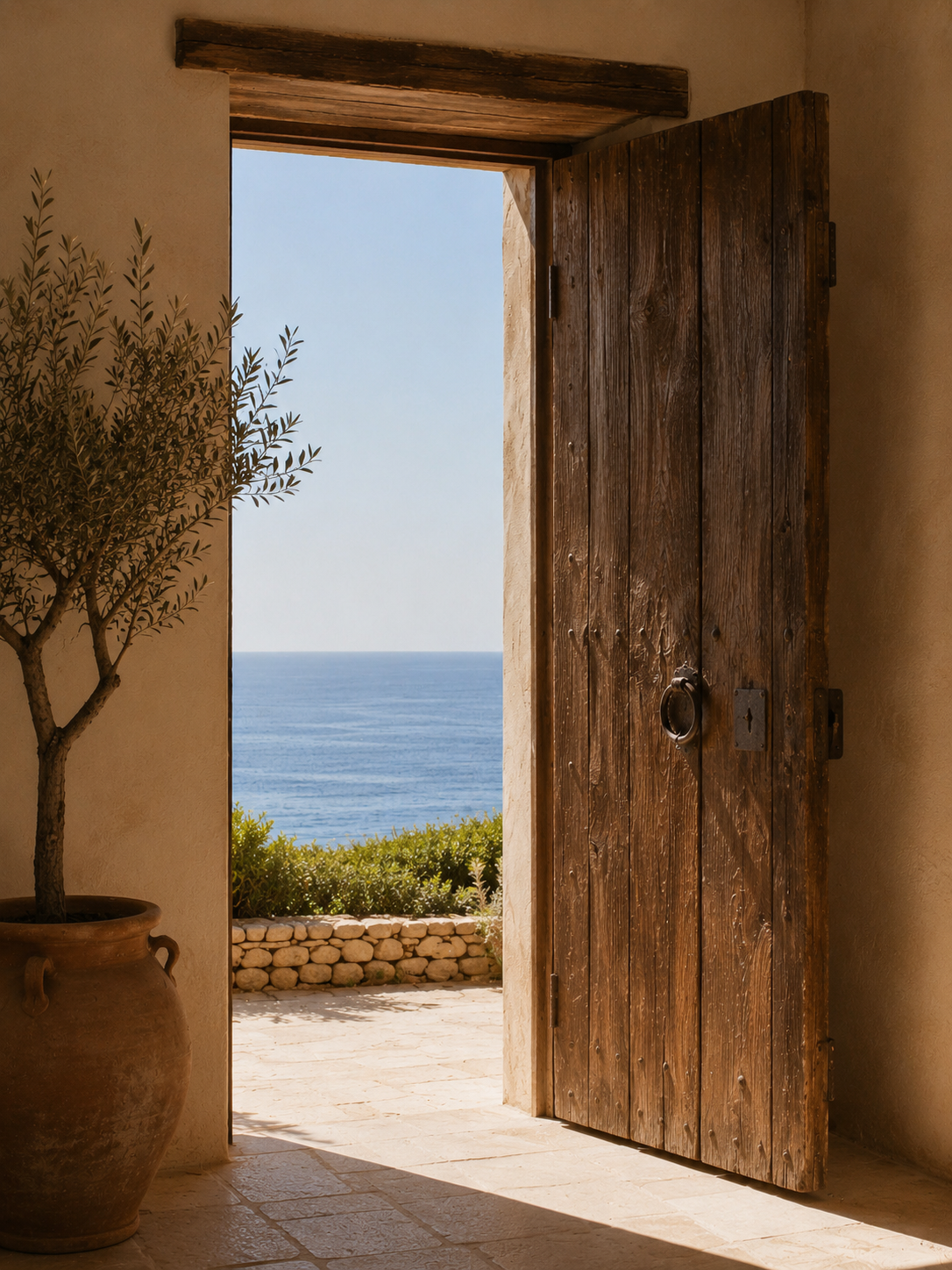 Puerta de madera abierta al Mediterráneo español